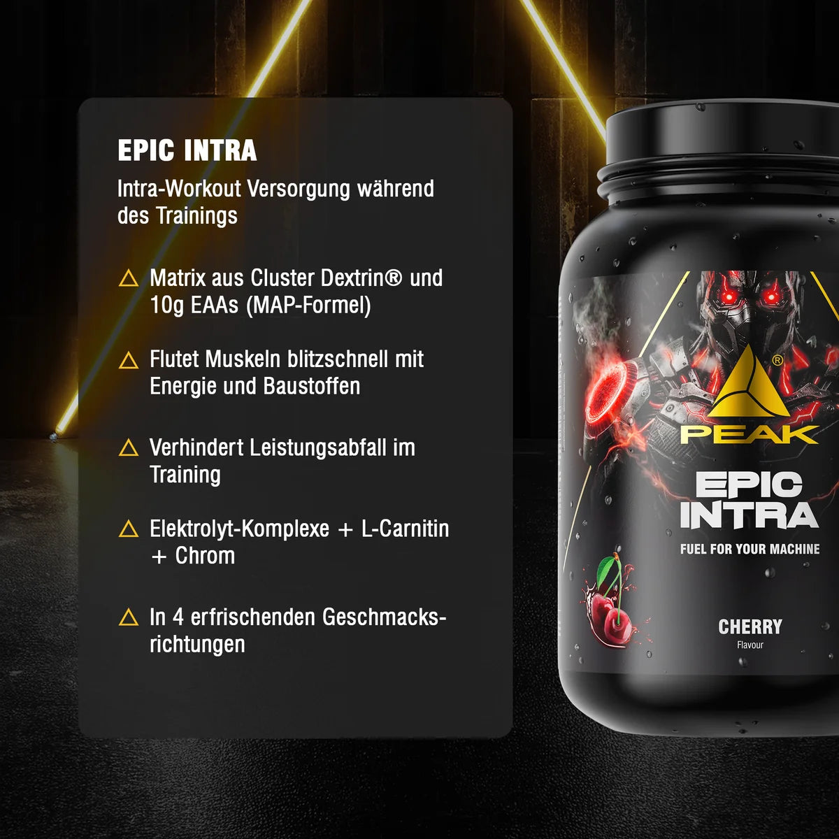PEAK Epic Intra Behälter mit Kirschetikett, plus Infotafel mit Trainingsvorteilen.