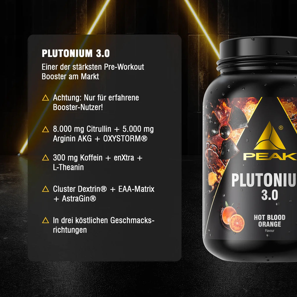PEAK Plutonium 3.0 Dose mit Pre-Workout Angaben und Koffein-/Citrullin-Highlights