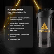 PEAK Shieldmixer 700-ml-Trinkflasche, schwarz, mit Deckel und Logo