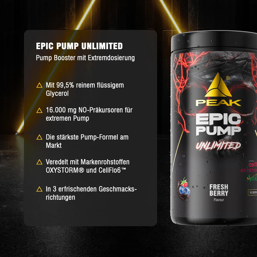 Schwarze PEAK EPIC PUMP UNLIMITED Dose mit rotem Grafikdesign und Aufschrift