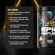 Rückseitenetikett: Inhalts- und Sicherheitshinweise an der PEAK Epic Refuel Dose
