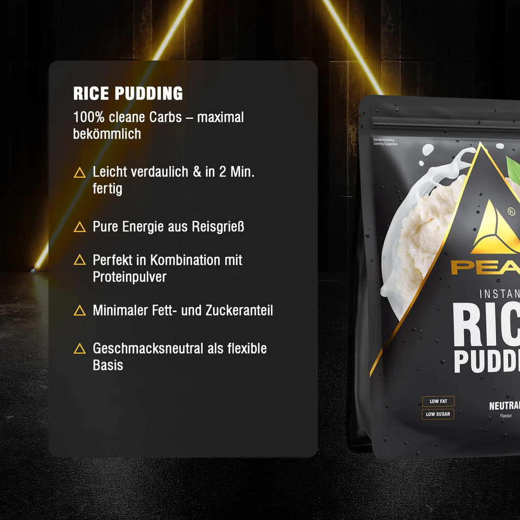 PEAK Instant-Reis-Pudding Beutel mit Infobox zu schneller Zubereitung und Nährwert