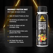 Protein-Shot-Flasche mit PEAK-Logo und „Multi Fruit“-Etikett, 100 ml
