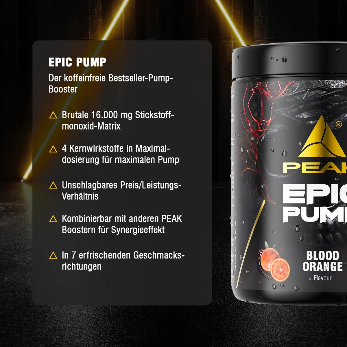 PEAK Epic Pump 500g Dose mit Blood-Orange-Aroma, schwarze Verpackung mit Infotext