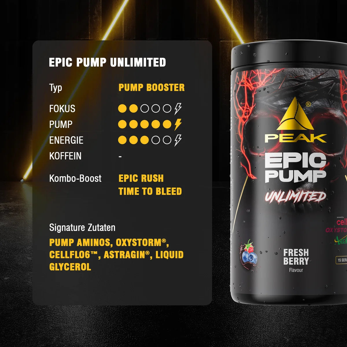 PEAK Epic Pump Unlimited Dose mit Frontaufdruck und Boost-Übersicht