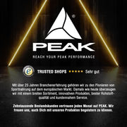 PEAK Kollagen Pro Dose, Etikett mit PEAK-Logo und Gütesiegeln, schwarzer Schriftbereich.