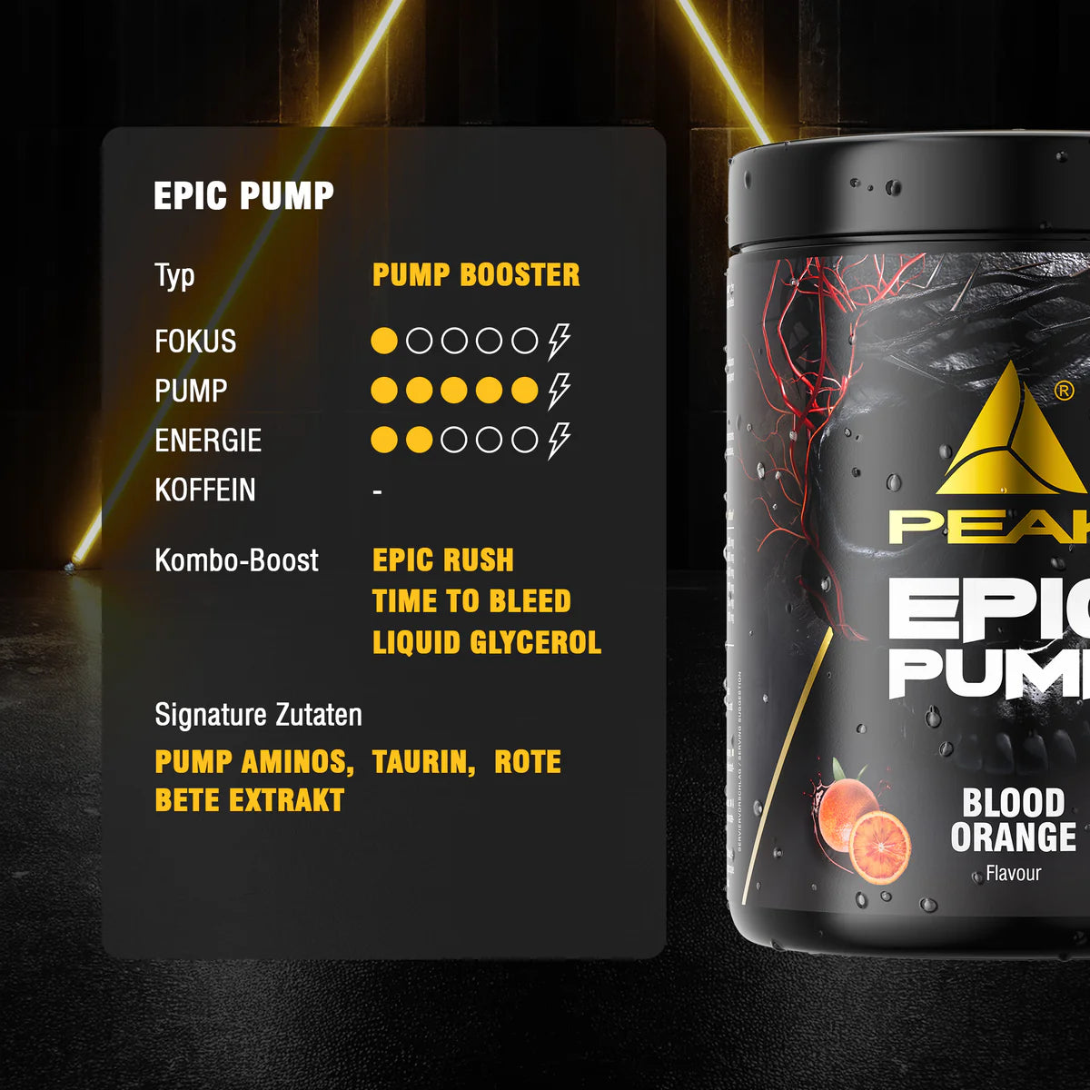 PEAK Epic Pump Dose, schwarz mit Kirscharoma „Blood Orange“, vorn Aufdruck „EPIC PUMP“.