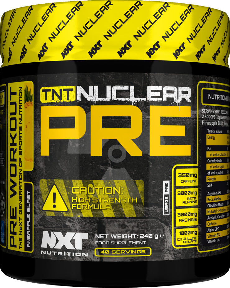 TNT Nuclear PRE 240g supplement tub, Pineapple Blast flavor