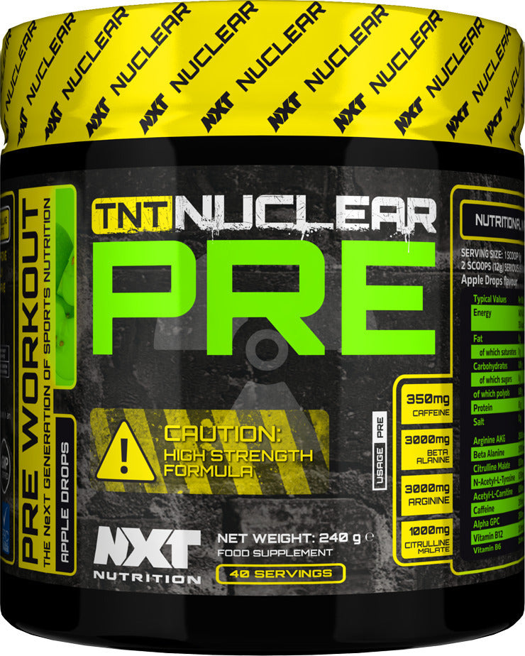 TNT Nuclear PRE 240g Apple Drops powder supplement tub label, 40 servings
