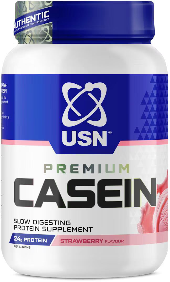 USN Premium Casein protein supplement, strawberry flavor tub