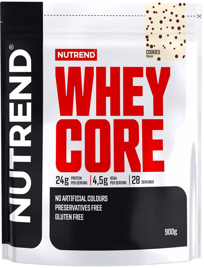 Whey Core Cookies Proteinpulver, 900 g Beutel mit rotem Aufdruck