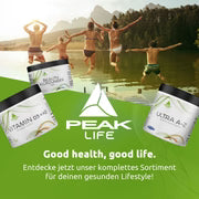 Nahrungsergänzungskapseln PEAK Ultra A-Z: Dose und Beutel mit grünem Logo auf Etikett