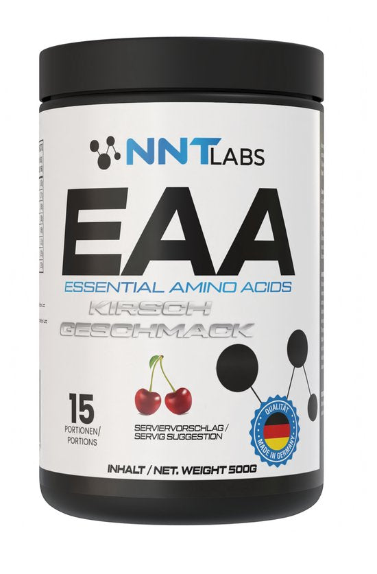 EAA-Pulverdose 500 g mit Kirsche, NNT LABS Etikett und Portionenangabe
