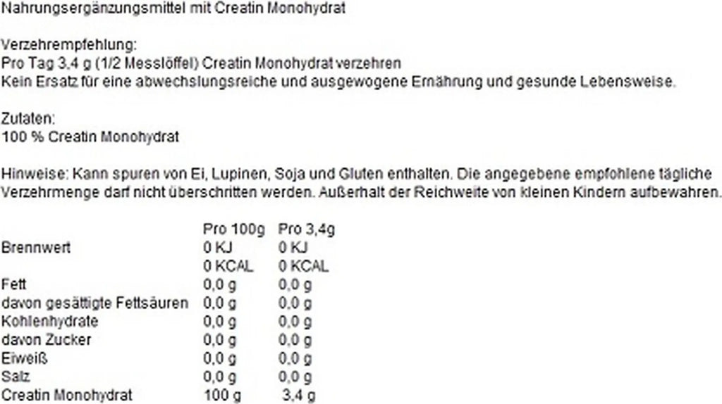 Creatin-Monohydrat Beutel mit Nährwerttabelle und Zutatenliste (100% Kreatin)