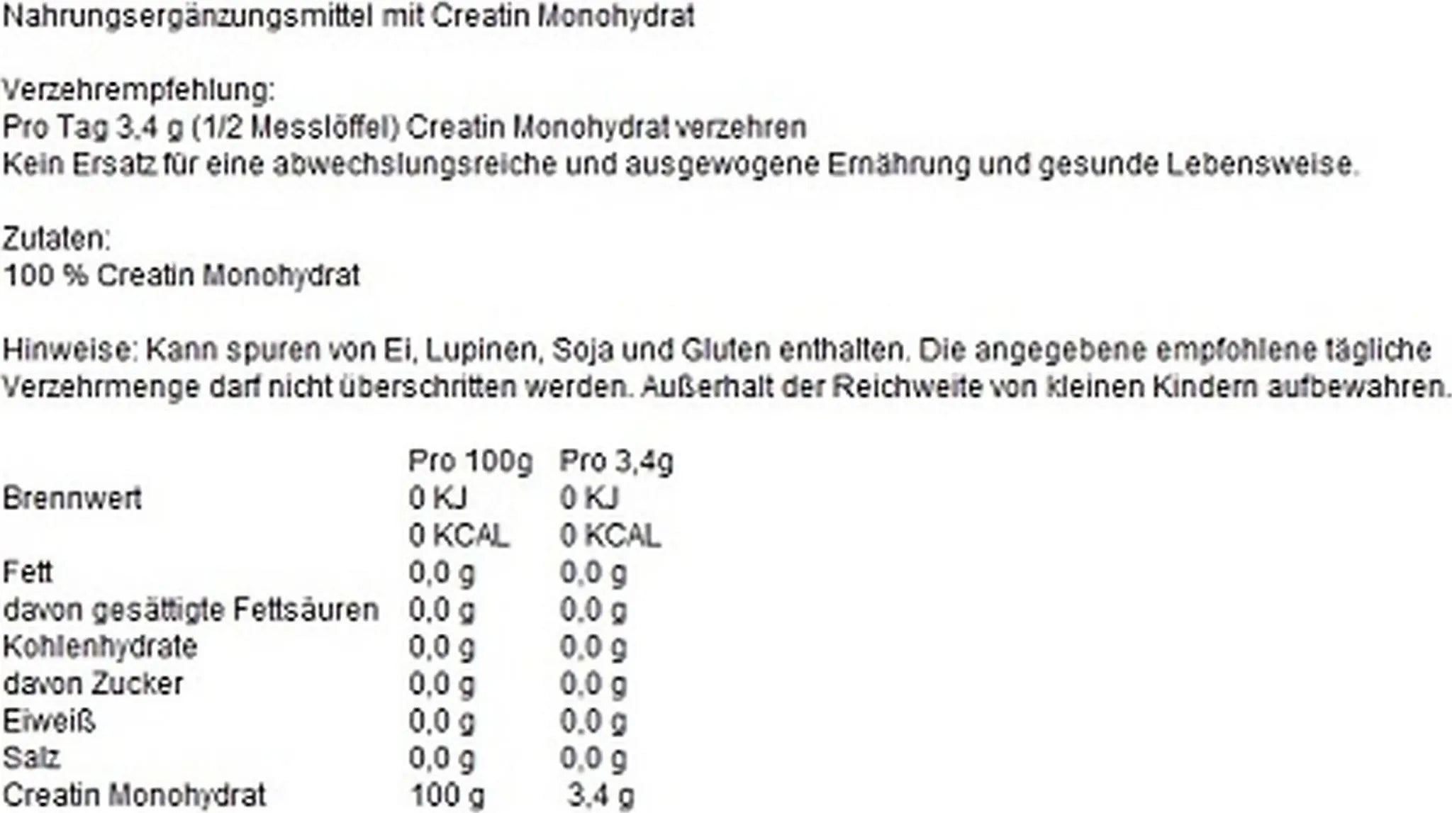 Creatin-Monohydrat Beutel mit Nährwerttabelle und Zutatenliste (100% Kreatin)