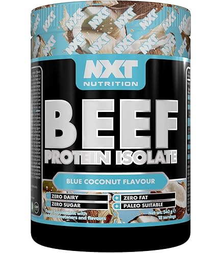 Protein-Dose mit blauem Etikett, schwarzer Deckel, „Blue Coconut“ Flavor-Angabe
