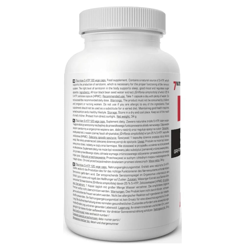 7Nutrition 5-HTP Vege-Kapseln, Rückseite mit Text zu Zutaten und Dosierung auf weißer Flasche