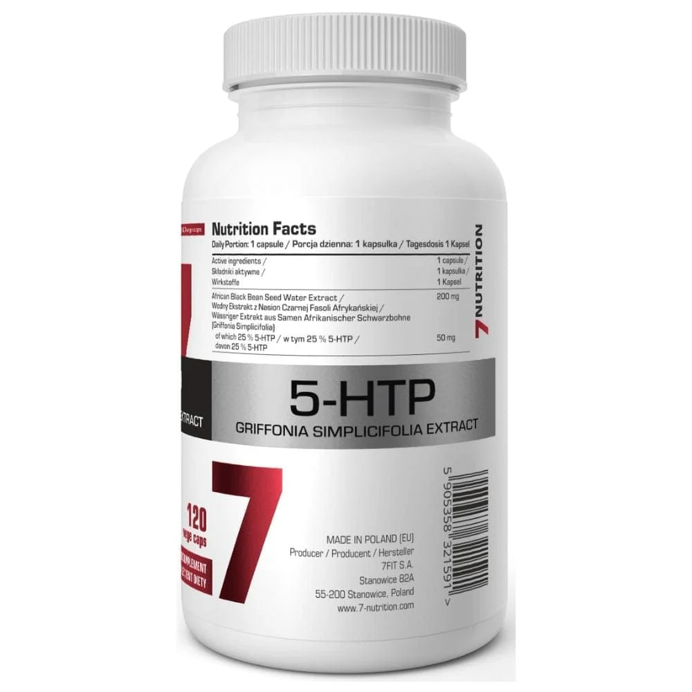 7Nutrition 5-HTP Vege-Kapseln, Etikett mit Nutrition Facts und 5-HTP Extrakt, 120 Kapseln