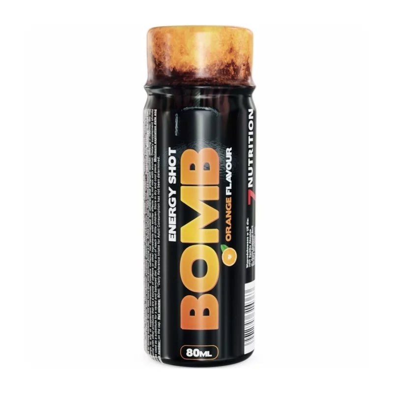 7Nutrition Bomb Energydrink Orange, schwarze Flasche, orangefarbener Deckel, 80 ml