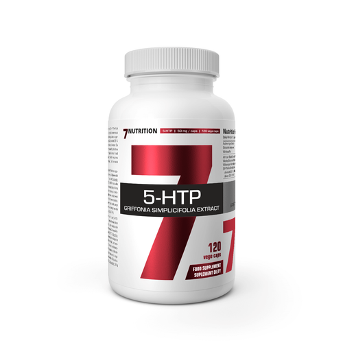 7Nutrition 5-HTP Vege-Kapseln, weiße Flasche mit Deckel, Frontetikett mit 120 Kapseln