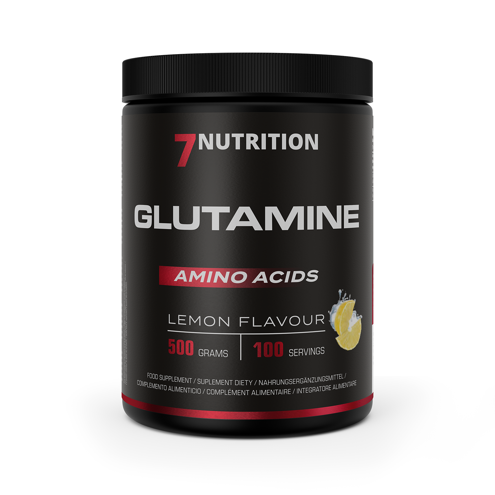 7Nutrition Glutamine Lemon jar, '500 grams' and '100 servings' on front