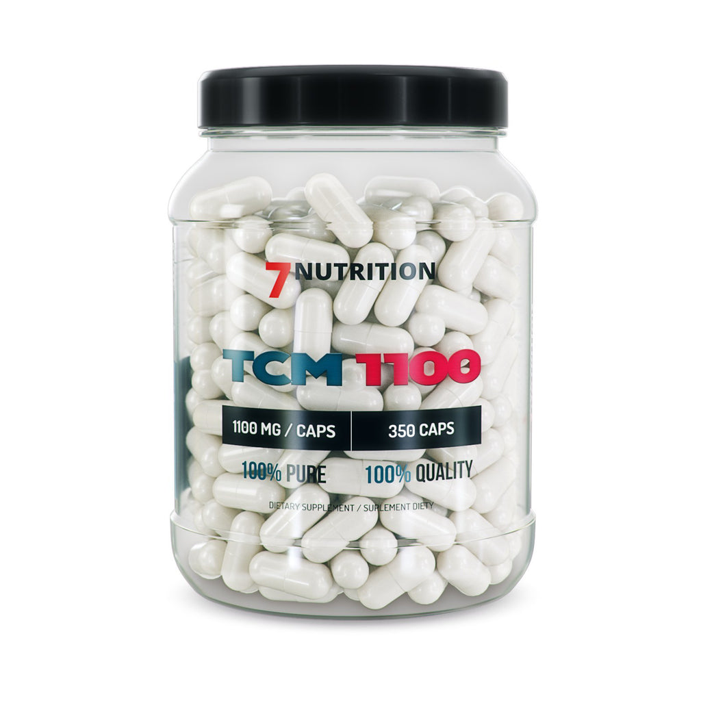 Dose mit 350 TCM-Creatin Kapseln, schwarze Kappe, weiße Kapseln