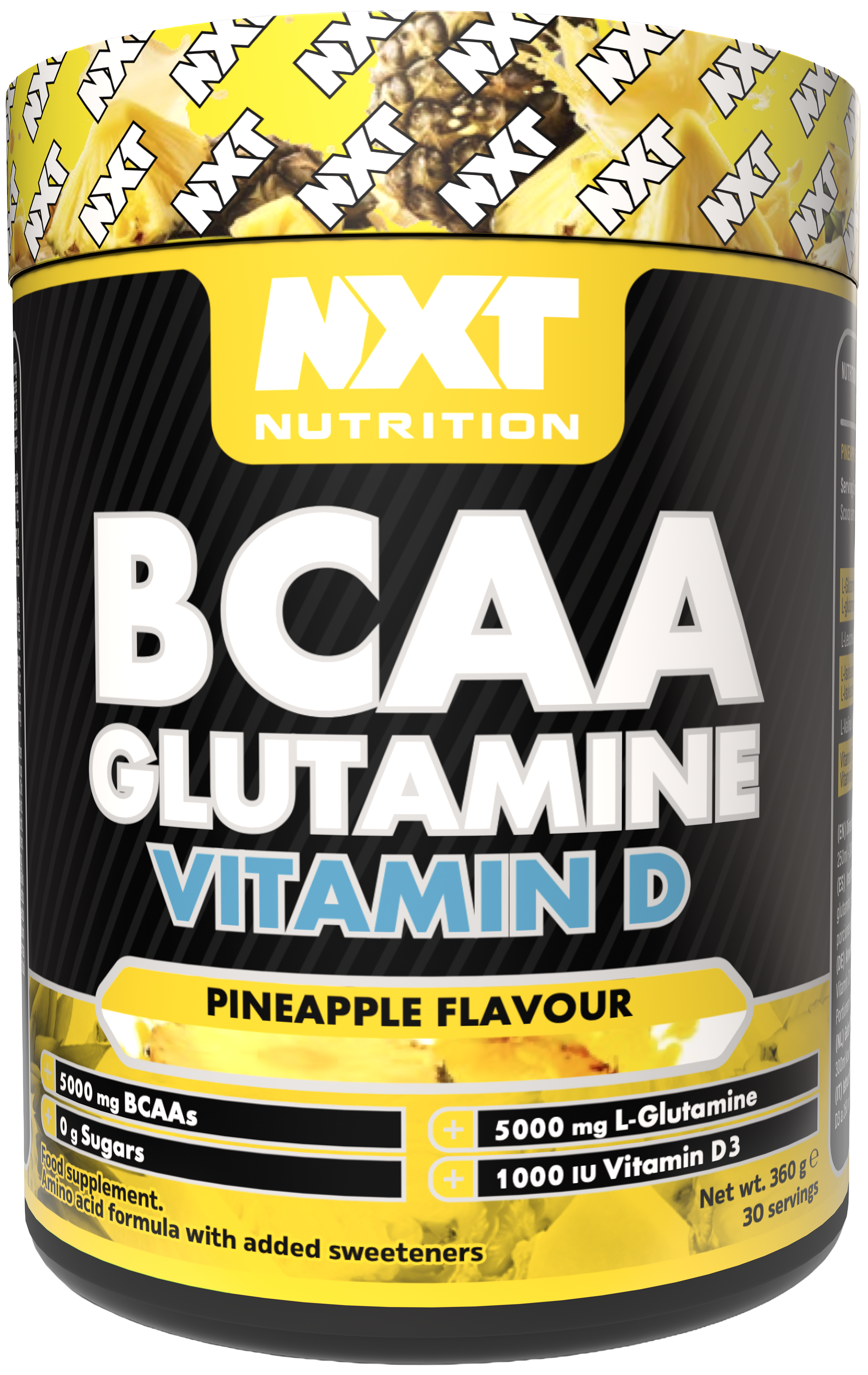 BCAA Glutamine & Vitamin D 360g tub – pineapple flavour label