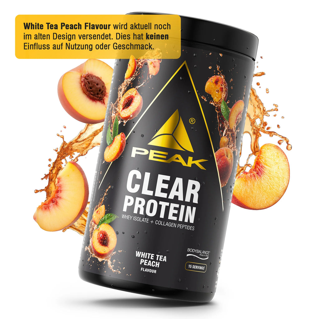 PEAK Clear Protein Dose mit White-Tea-Peach Geschmack, schwarz-weißes Design