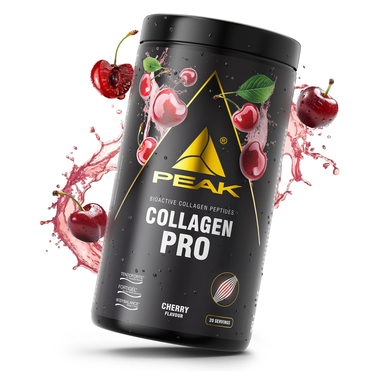 Kollagen-Dose PEAK Collagen Pro mit Kirschgeschmack, schwarze Dose mit Kirschmotiven.