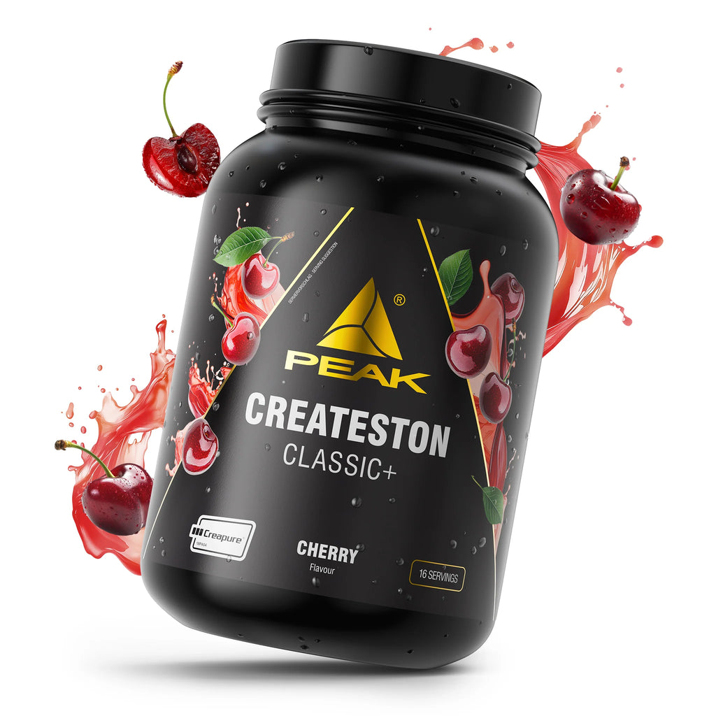 PEAK Createston Classic+ Cherry Proteinshake-Dose, schwarze Dose mit Kirschmotiv