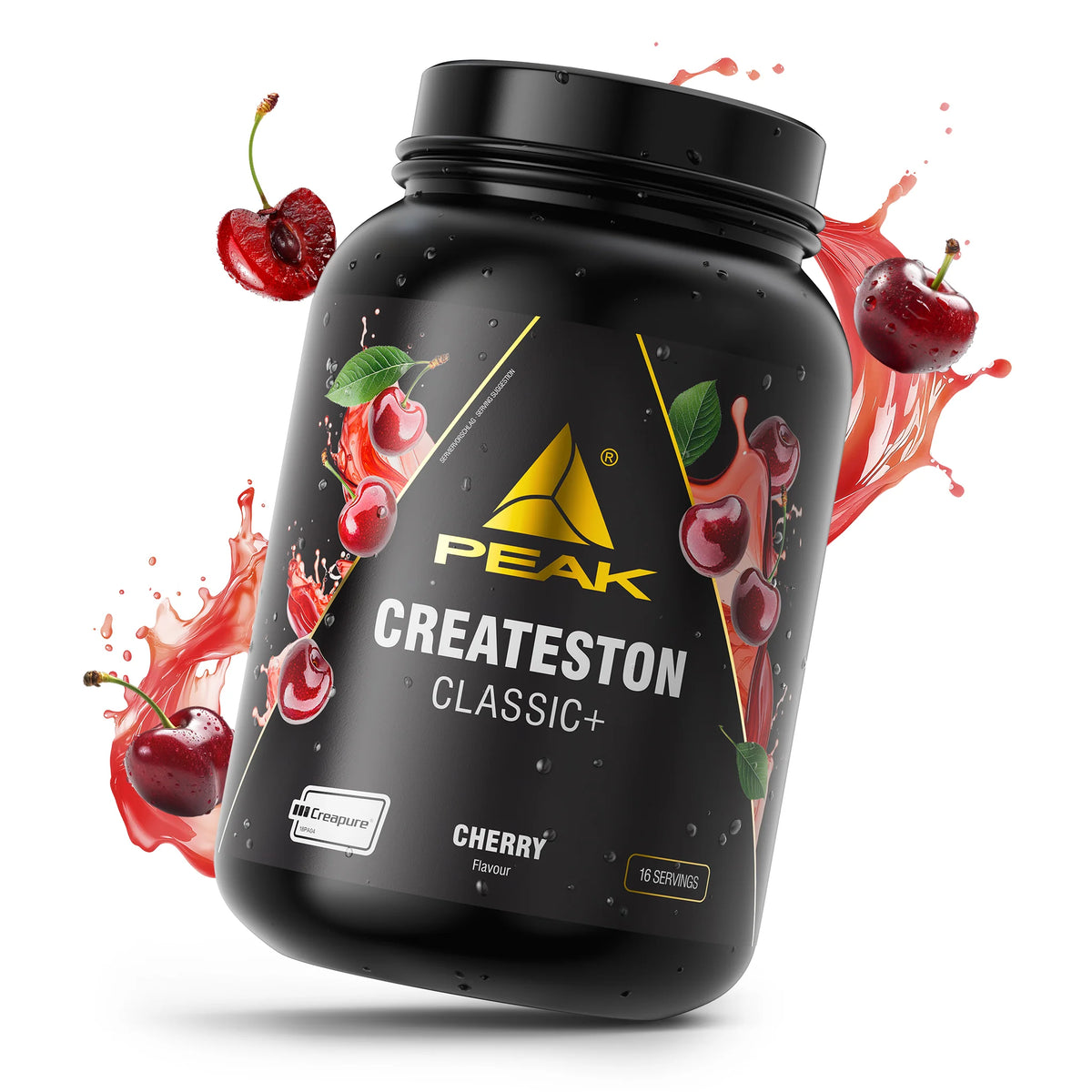 PEAK Createston Classic+ Cherry Proteinshake-Dose, schwarze Dose mit Kirschmotiv
