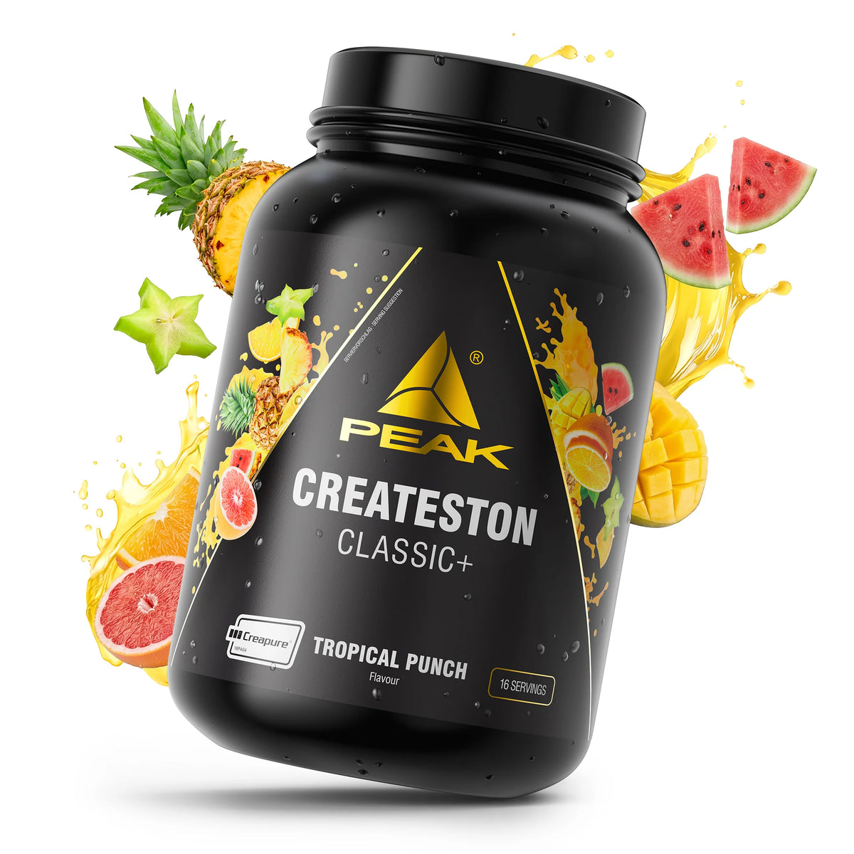 Schwarze PEAK Createston Classic+ Dose mit Tropical-Punch-Label und Fruchtmotiven