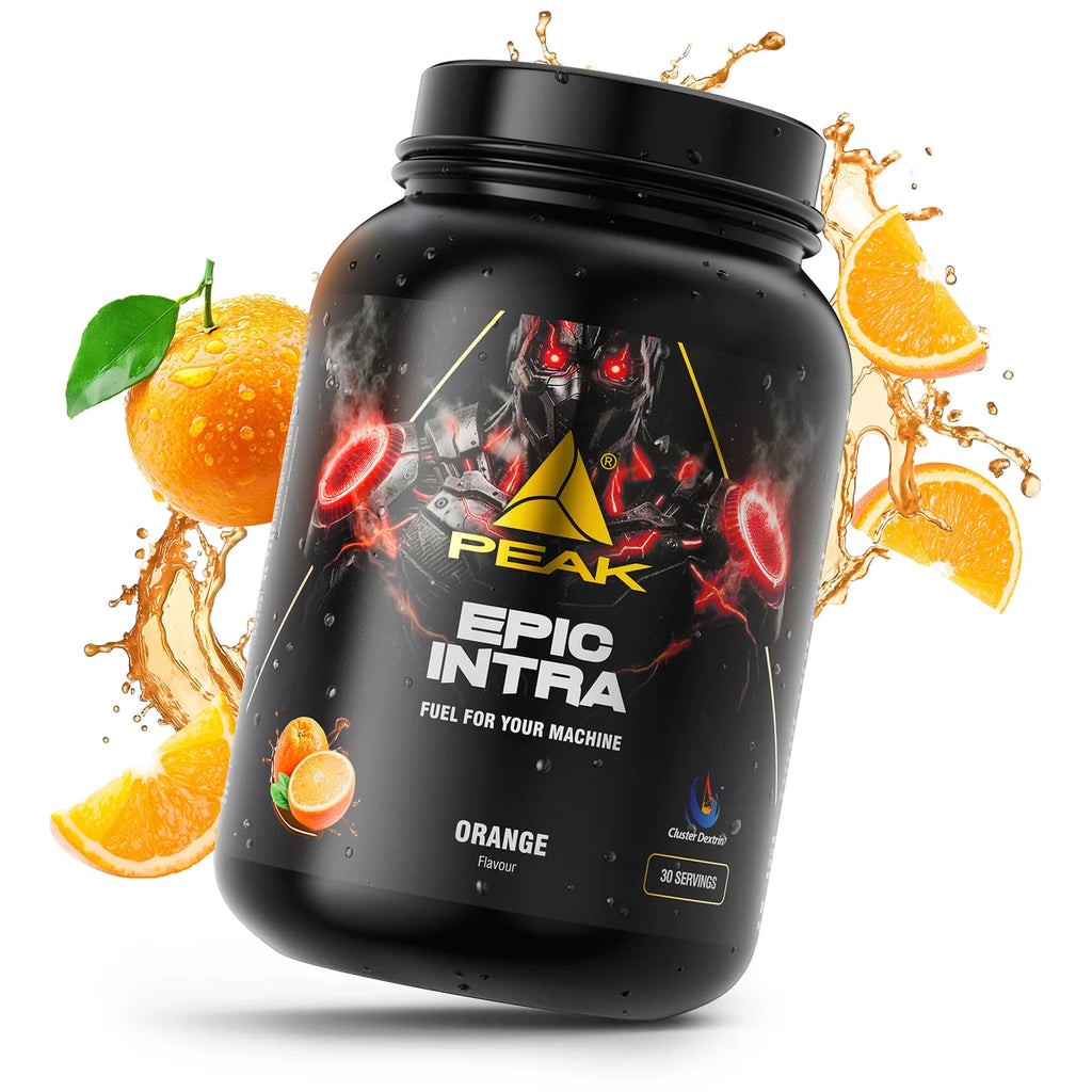 PEAK Epic Intra 1500 g Dose, schwarz, mit „Orange“-Flavor und Orangenspritzern