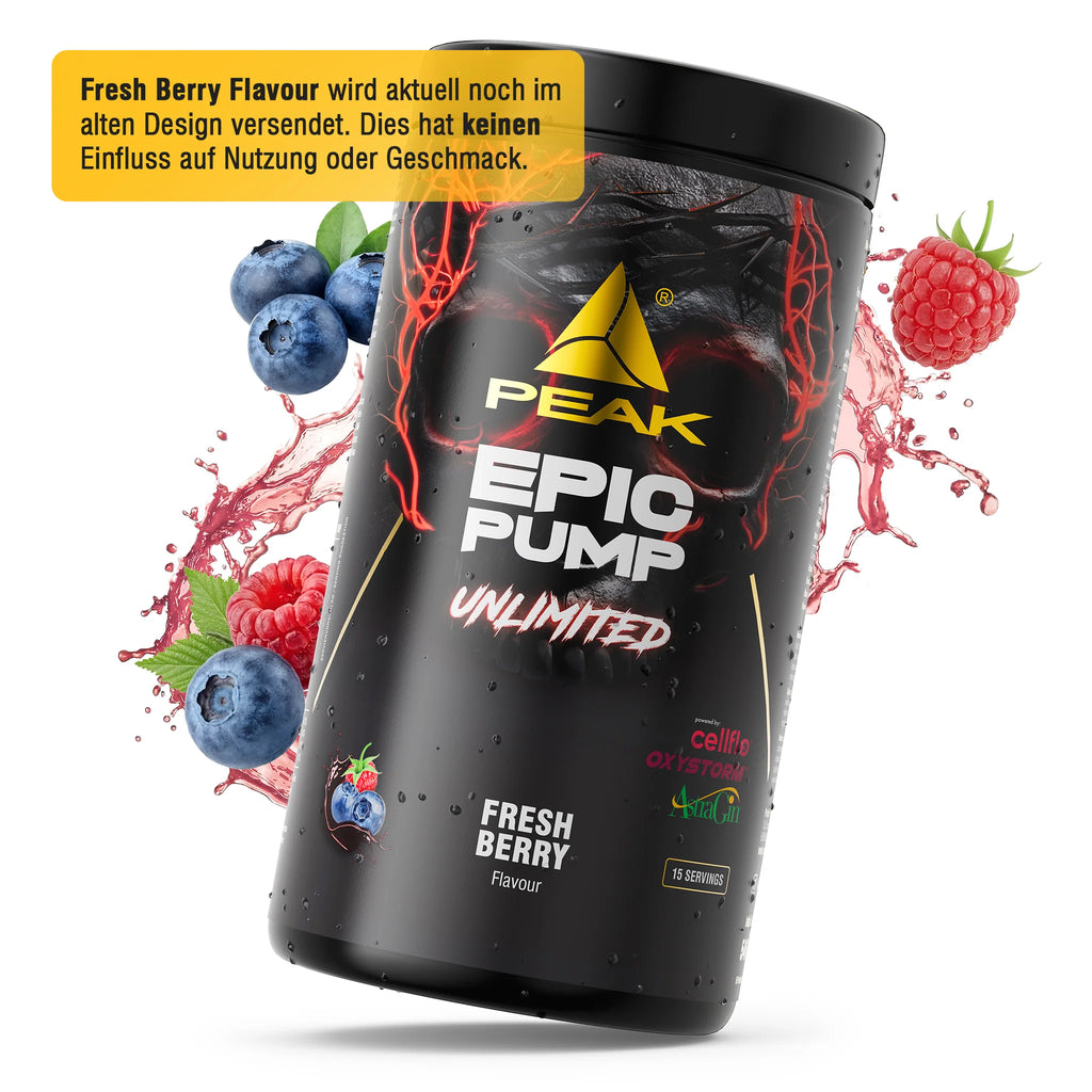 PEAK Epic Pump Unlimited Dose mit Fresh-Berry-Geschmack, umgeben von Beeren