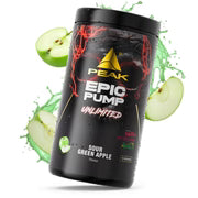 PEAK EPIC PUMP UNLIMITED Dose, Sour Green Apple, schwarzer Becher mit Apfelmotiv