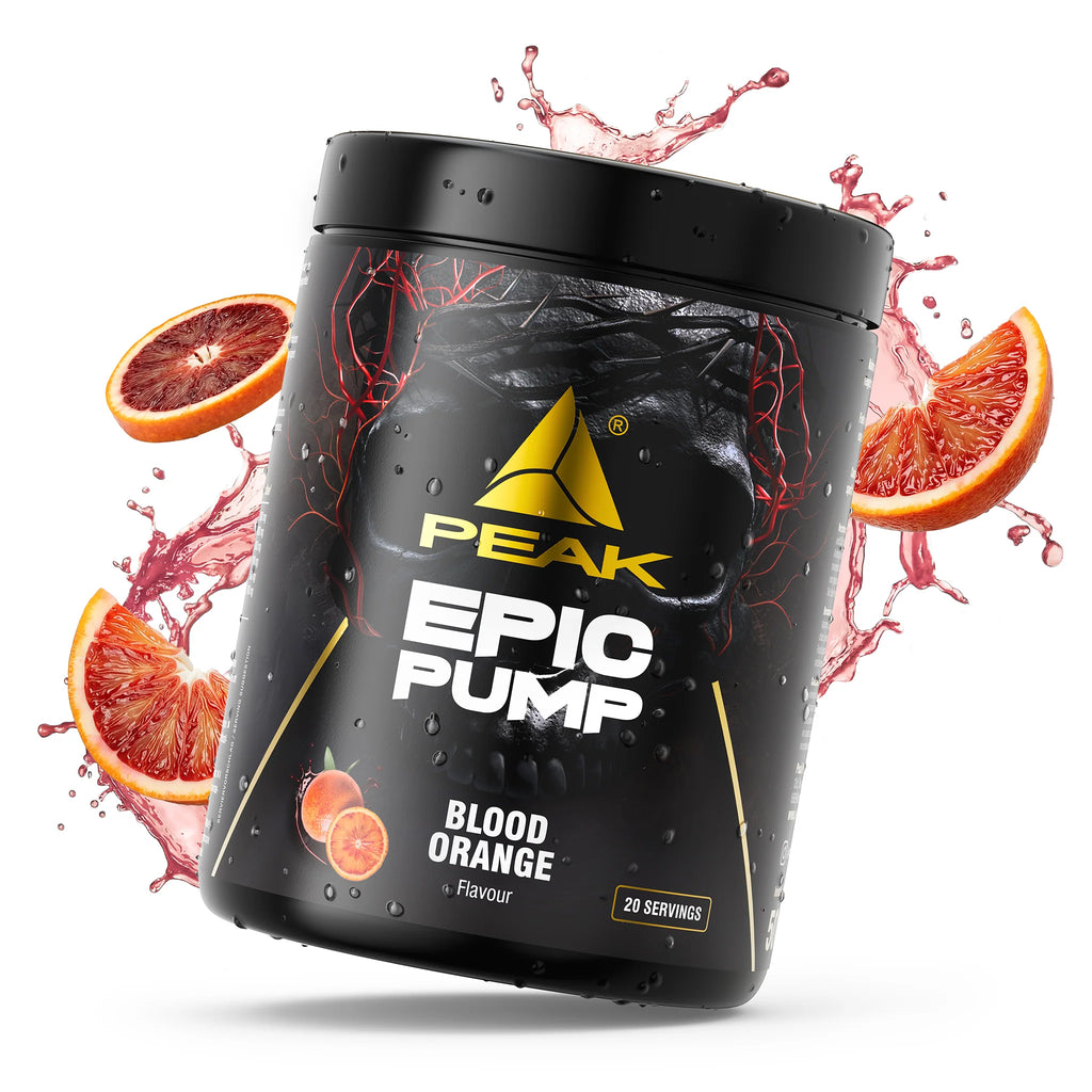 PEAK Epic Pump 500g Dose mit Blood Orange, Fruchtscheiben und Saftspritzern