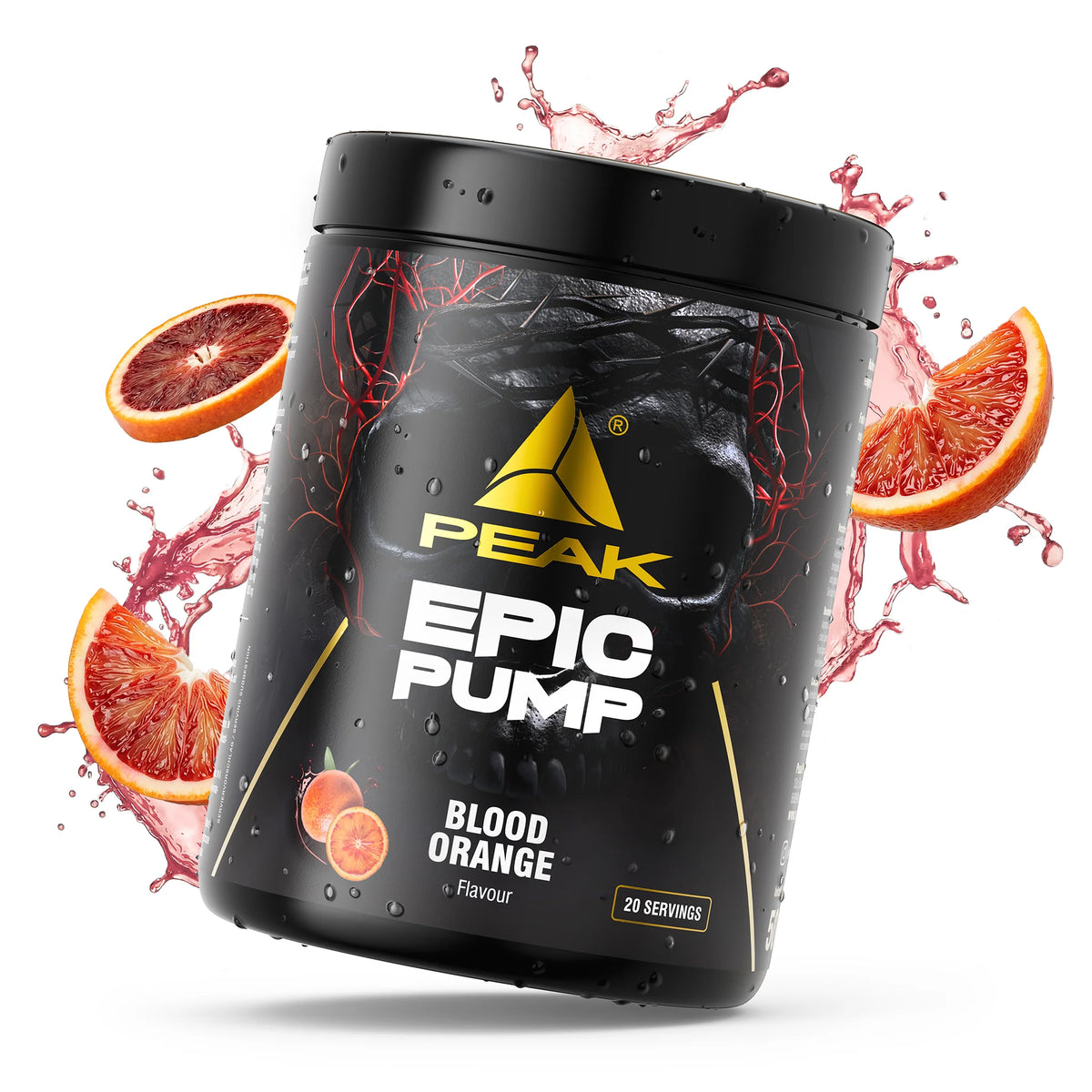 PEAK Epic Pump 500g Dose mit Blood Orange, Fruchtscheiben und Saftspritzern