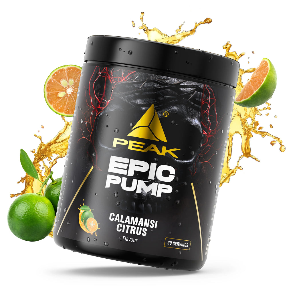 PEAK Epic Pump Dose „Calamansi Citrus“ mit Fruchtsymbolen und Spritzern