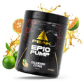 PEAK Epic Pump Dose „Calamansi Citrus“ mit Fruchtsymbolen und Spritzern