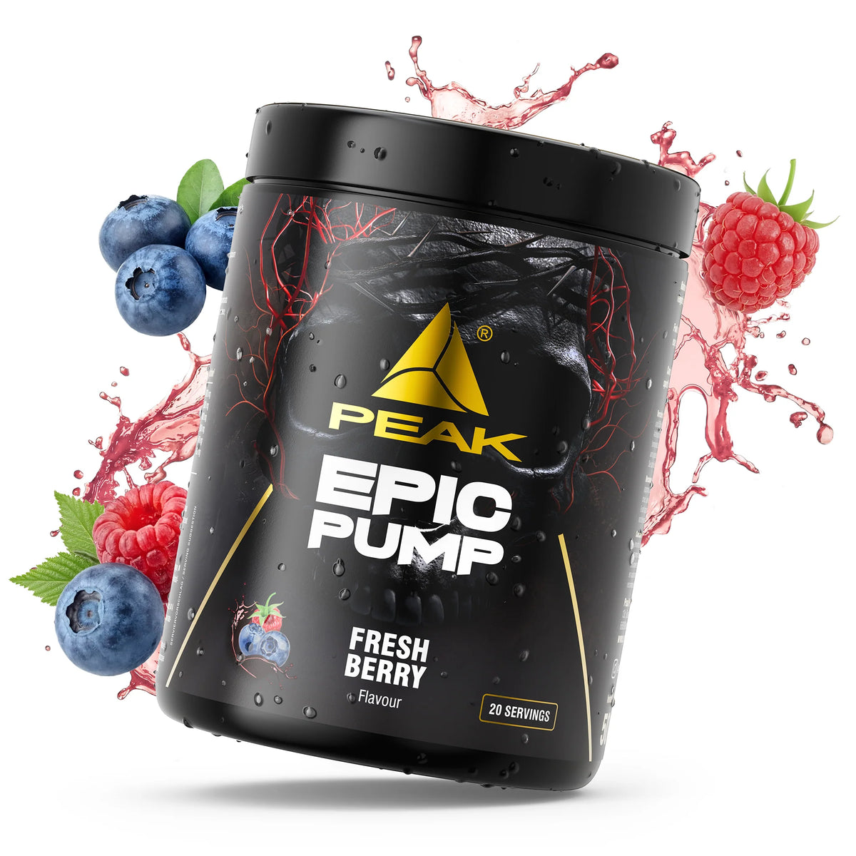 PEAK EPIC PUMP Dose, Fresh Berry, schwarze Dose mit Früchte-Spritzern