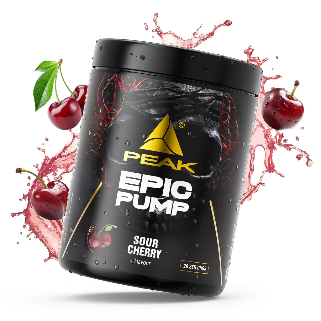 PEAK Epic Pump Dose, schwarz, „EPIC PUMP“ und „SOUR CHERRY“; Kirschen-Spritzer rundherum.