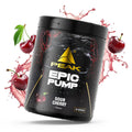 PEAK Epic Pump Dose, schwarz, „EPIC PUMP“ und „SOUR CHERRY“; Kirschen-Spritzer rundherum.