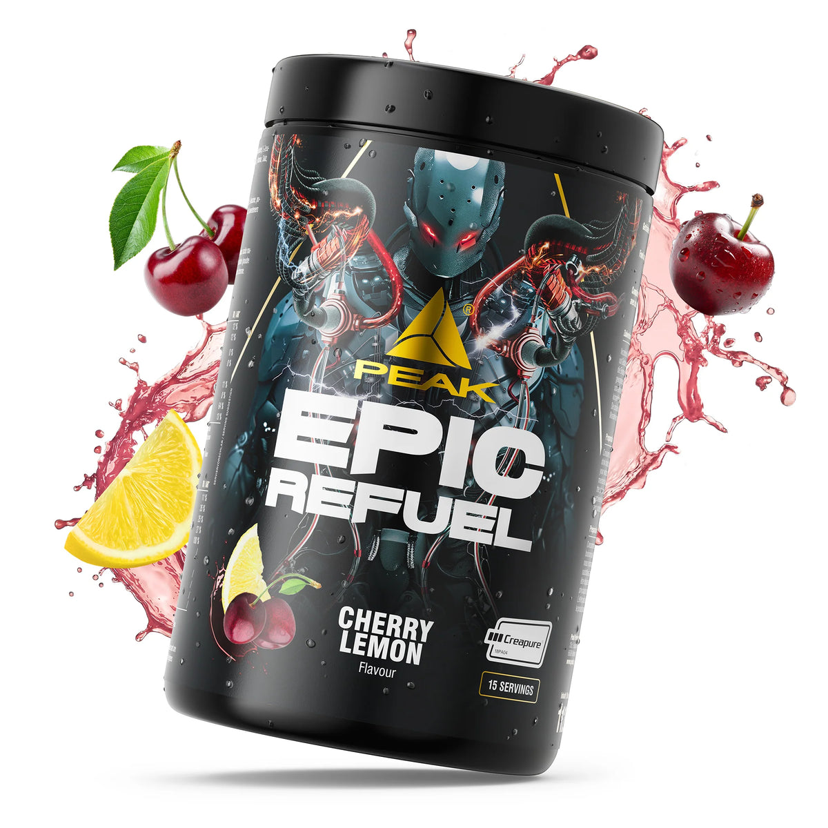 PEAK Epic Refuel Dose, schwarz mit Cherry-Lemon-Design und Comic-Grafik