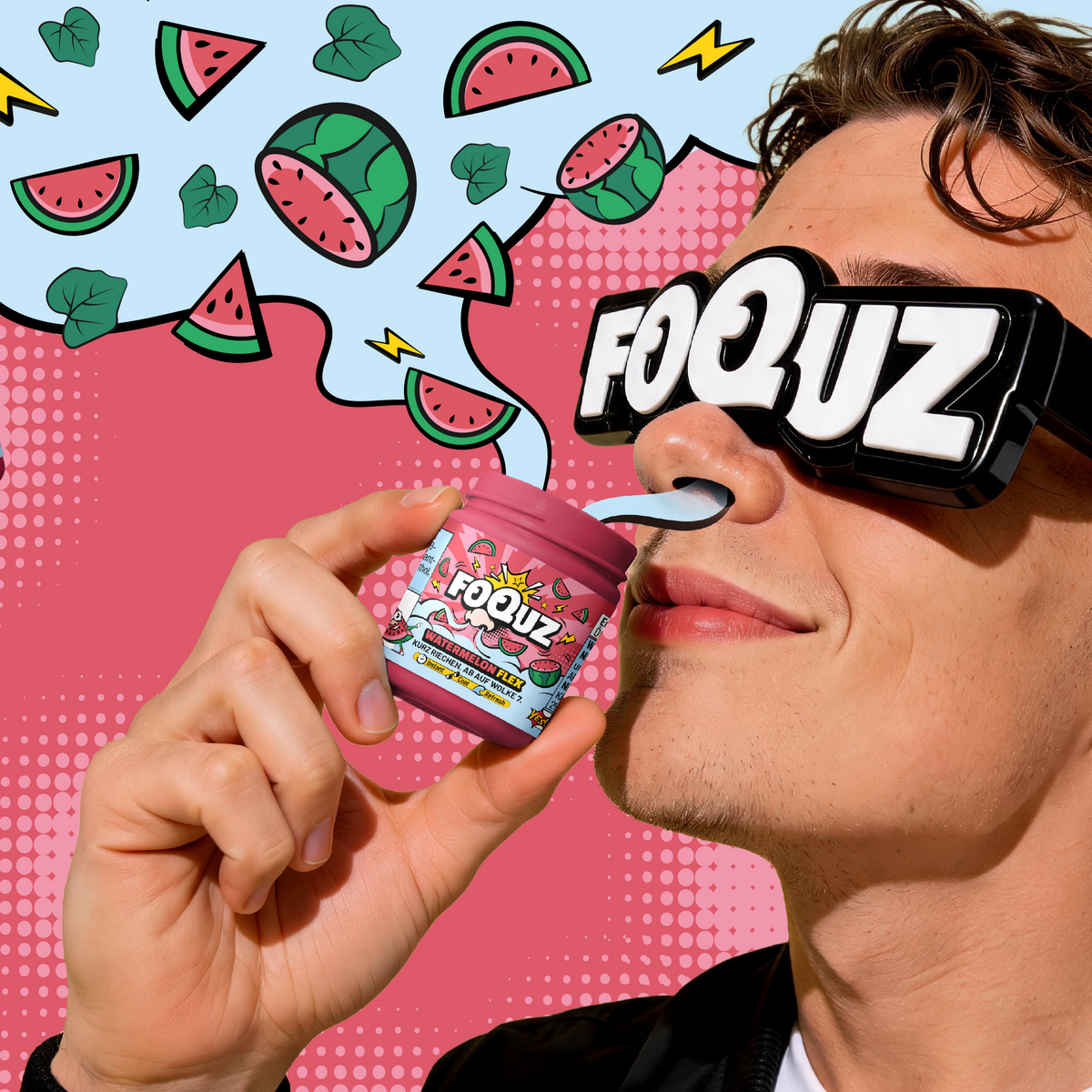 FOQUZ Watermelon Mix: kleine Packung mit Wassermelonen-Design, in Hand gehalten