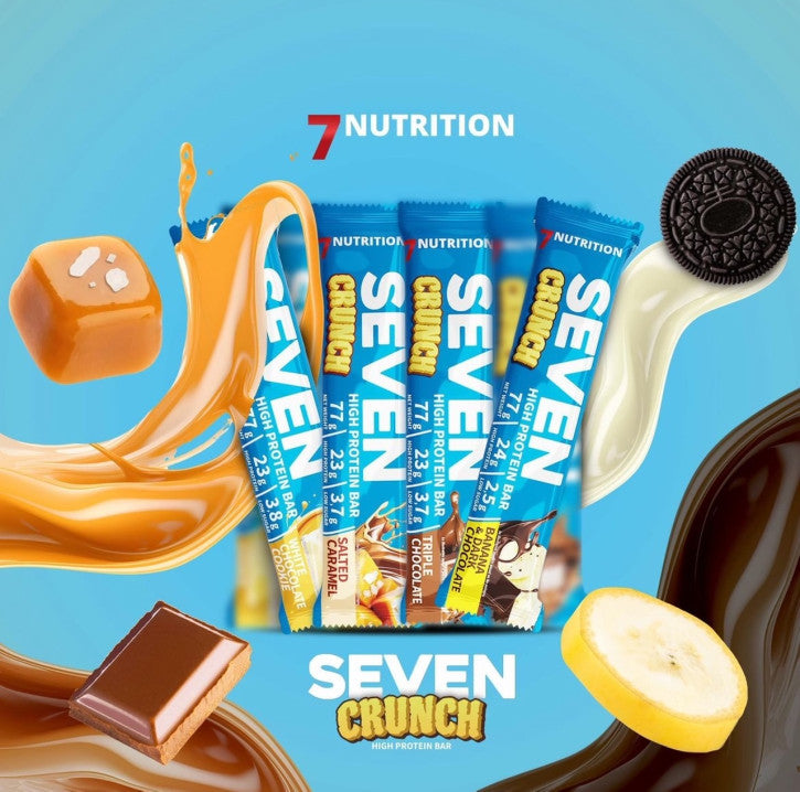 7Nutrition Seven Crunch High Protein Bar, Salzkaramell, mit Verpackung und Stückchen