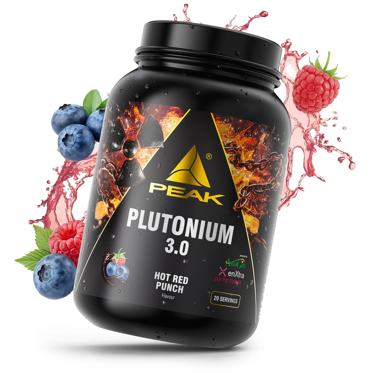 Schwarze Pre-Workout-Dose mit bunt bedrucktem Etikett „Hot Red Punch“ und PEAK-Logo