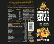 Rückseitenetikett der Protein-Shot-Flasche mit Nährwert- und Inhaltsangaben