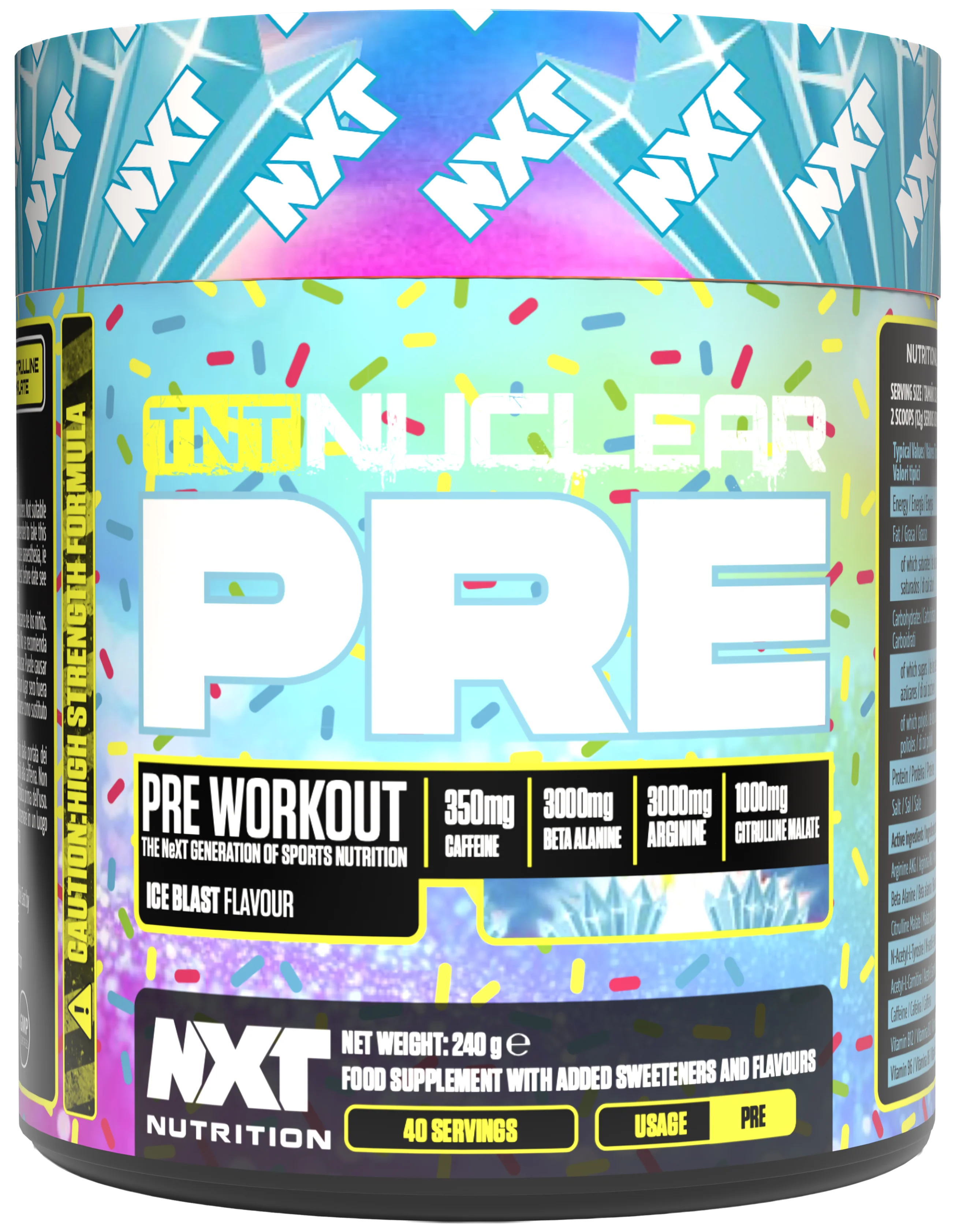 TNT Nuclear PRE 240g Ice Blast tub, 40 servings nutrition label