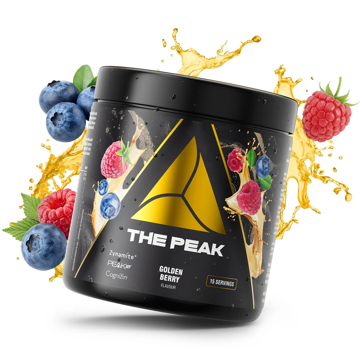 THE PEAK Dose Golden-Berry mit Obstspritzern (Beeren, Zitrus) und schwarzem Deckel