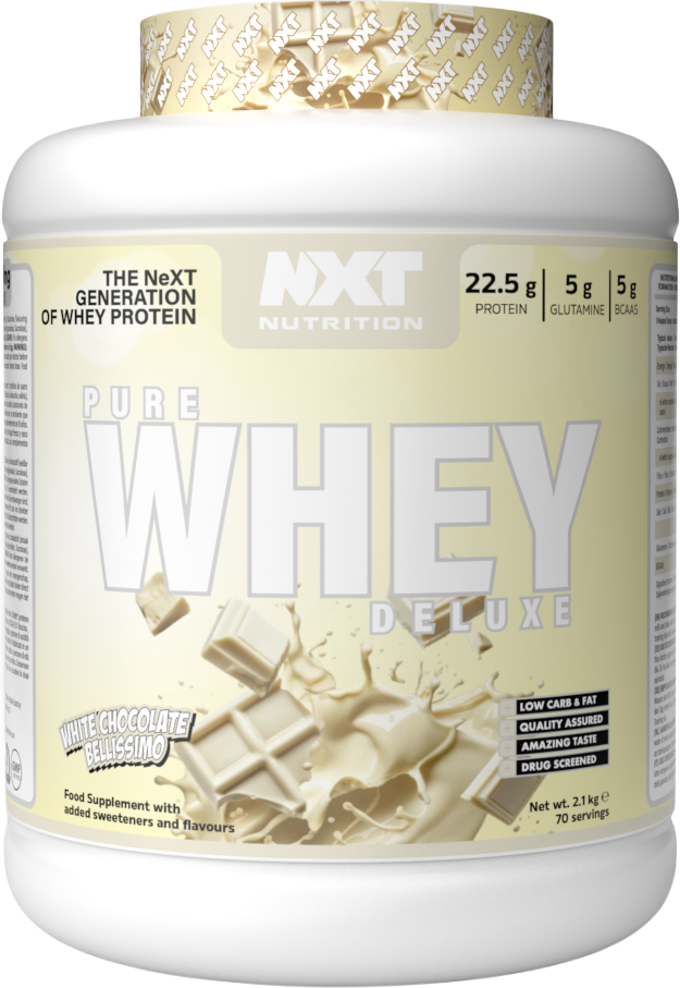 NXT Nutrition Pure Whey Deluxe protein powder tub, white chocolate Bellissimo flavor